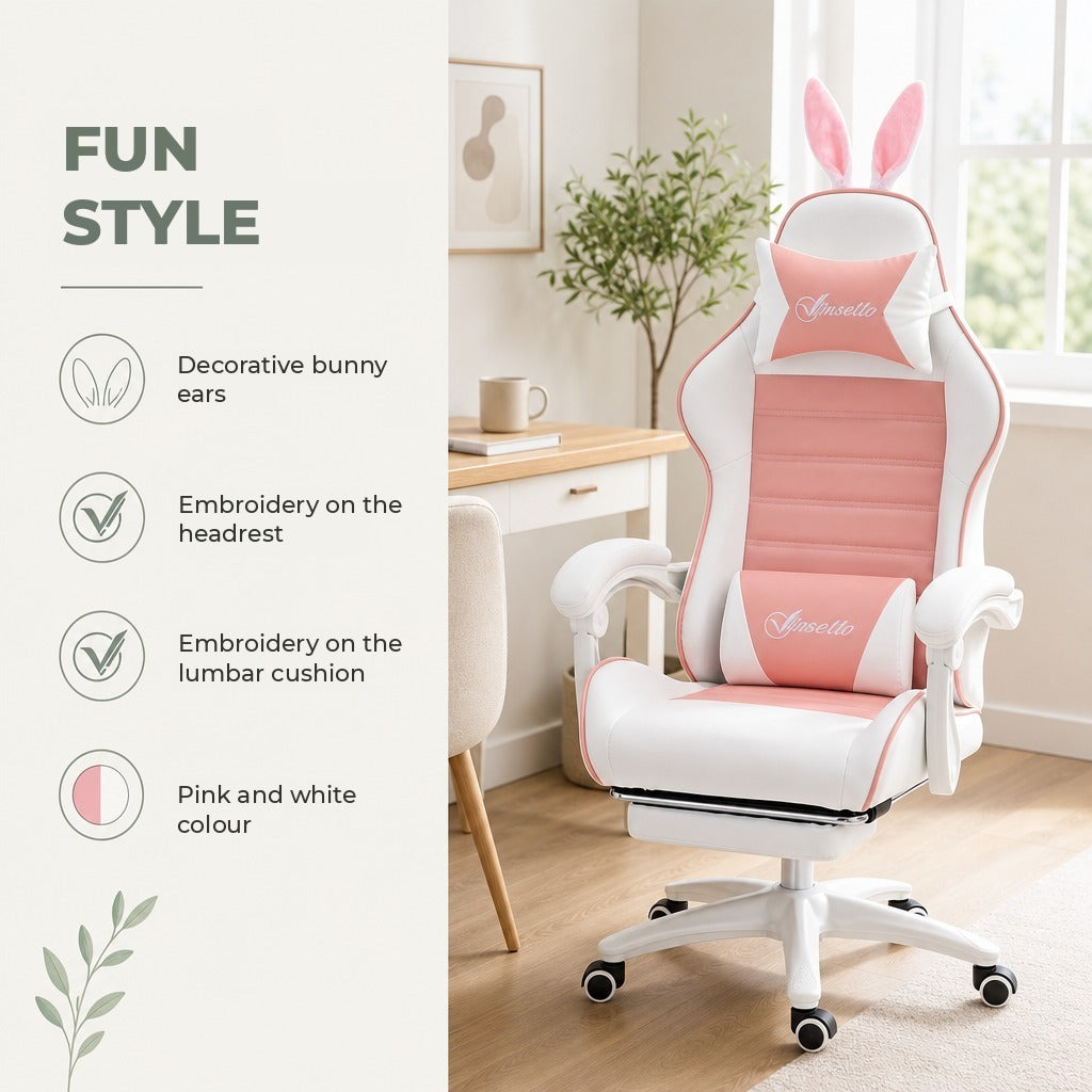 Cadeira Gaming Profissional Cadeira Gamer Giratória de Couro PU com Altura Ajustável Inclinável 135° Apoio para a Cabeça e Apoio para os Pés para Escritório 65x63x136-142 cm Rosa — Características | Features