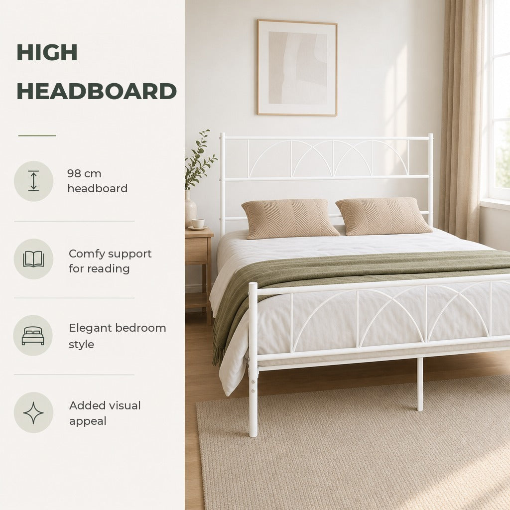 Cama de Casal 141,5x198x98 cm Estrutura de Ripas com Cabeceira de Ripas de Aço e Espaço de Arrumação por Baixo da Cama Carga 330 kg Branca — Características | Features
