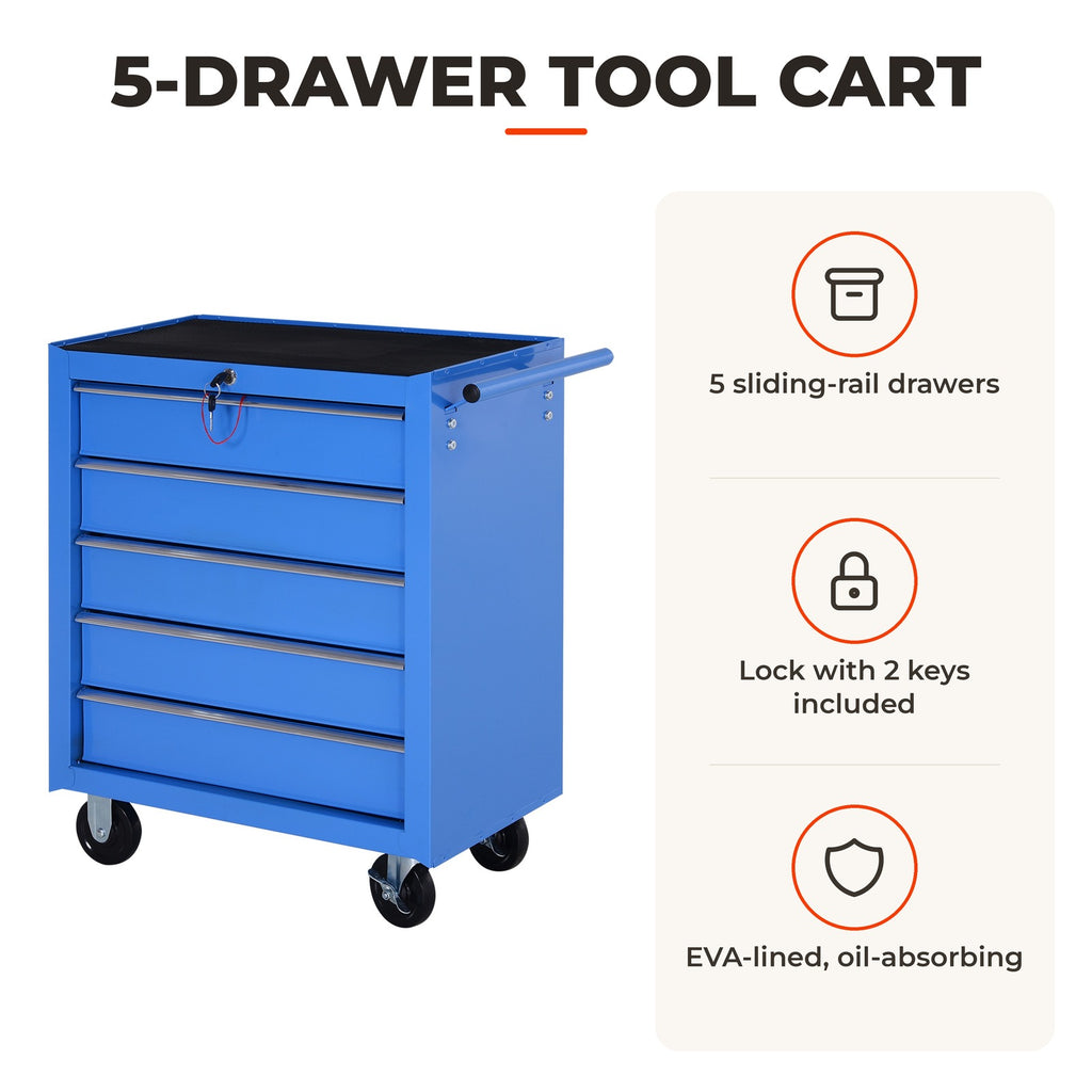 Carrinho de Ferramentas para Oficina com Rodas e 5 Gavetas Fechadura e Alça Lateral 67,5x33x77 cm Azul — Características | Features