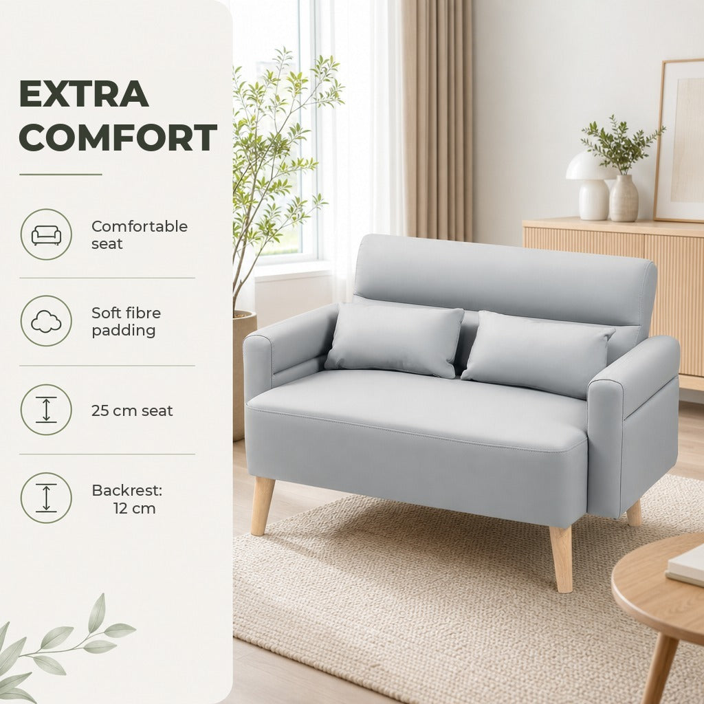 Sofá de 2 Lugares Estofado em Couro Sintético Sofá de Sala de Estar de 117 cm com Braços Acolchoados e Pernas de Madeira para Quarto Sala de Estar 117x78x78 cm Cinza — Características | Features
