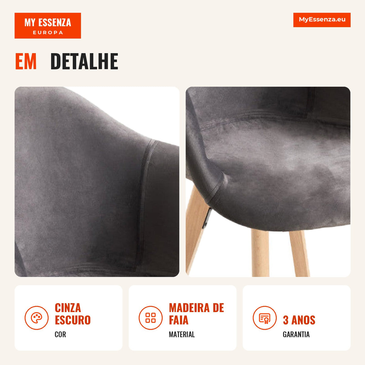 Cadeira Luba Veludo — Cinza escuro — Infografia — detalhe