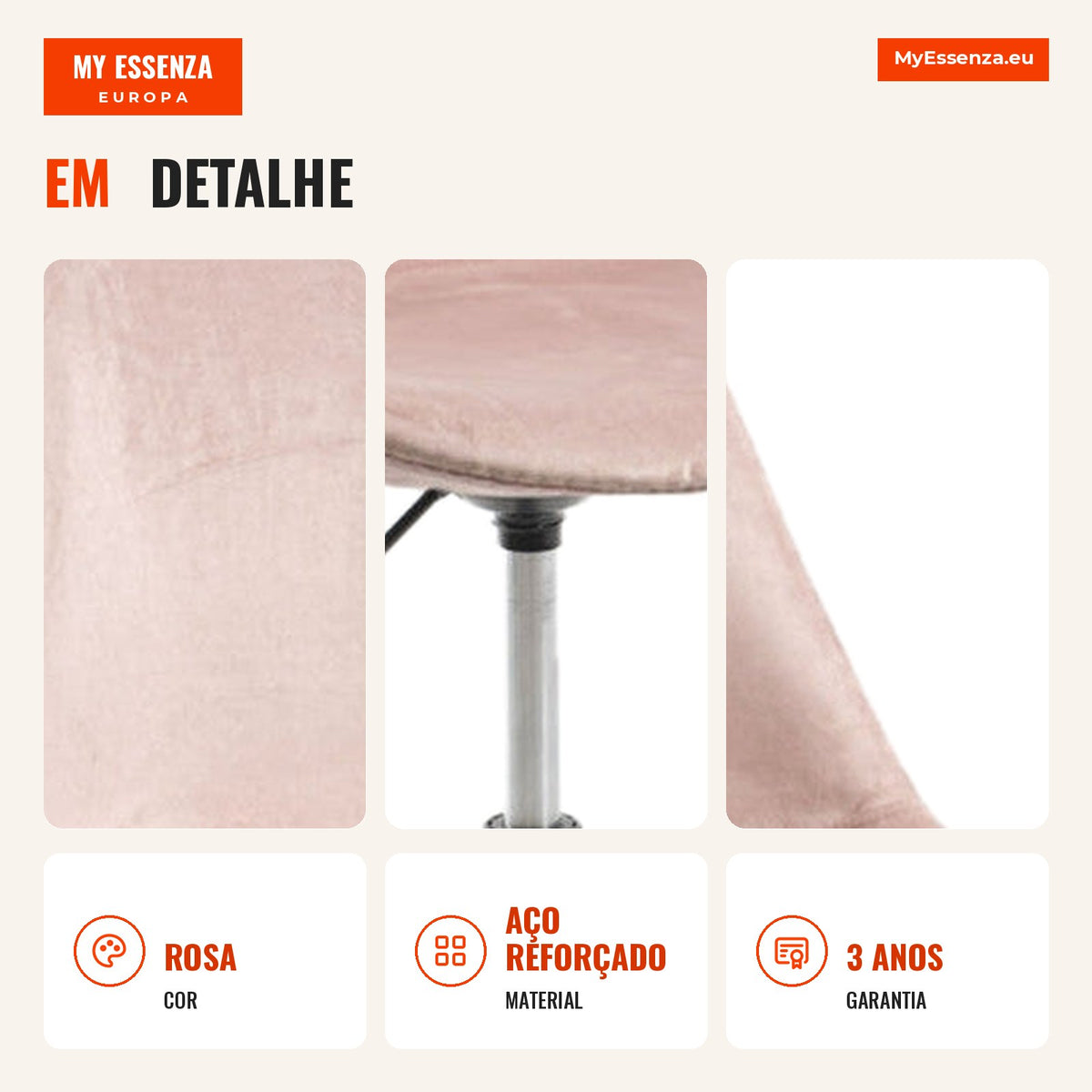 Cadeira Nova Veludo — Rosa — Infografia — detalhe