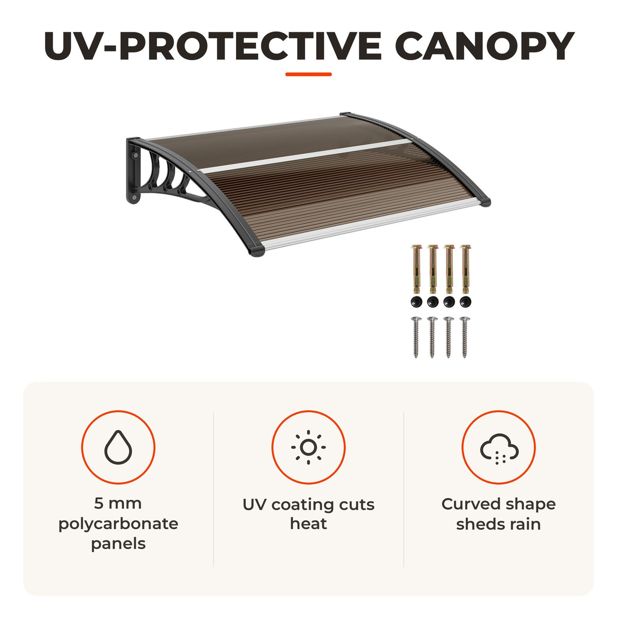 Marquise de Proteção 75x100 cm Marquise de Exterior para Portas e Janelas contra Sol e Chuva com Suporte de Liga de Alumínio Marrom e Preto — Características | Features