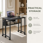 Secretária Dobrável com Rodas e Prateleira Mesa Compacta com Bolso de Armazenamento Mesa para Computador Portátil para Casa Escritório Espaços Pequenos 80x50x75 cm Preto — Características | Features