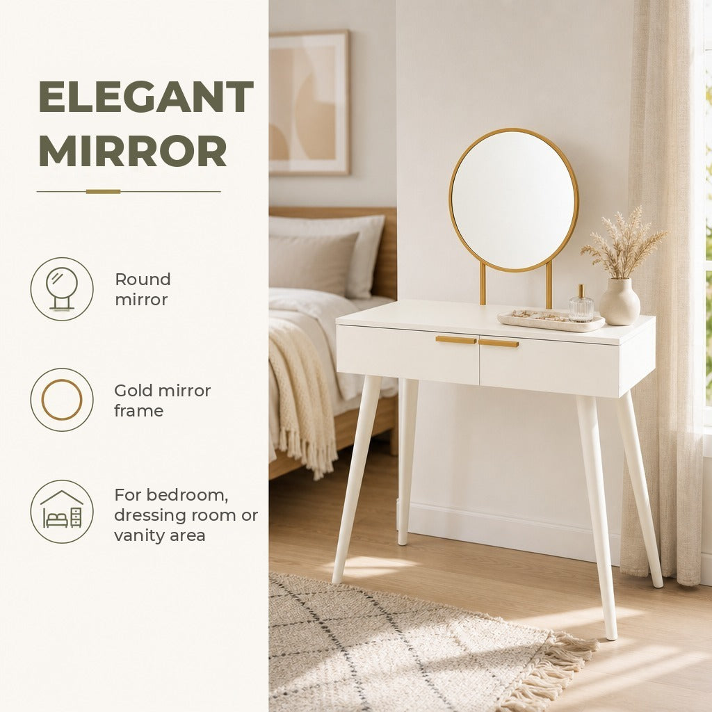 Toucador com Espelho Redondo Mesa de Maquilhagem com 2 Gavetas Estilo Moderno para Dormitório 80x40x123cm Branco — Características | Features