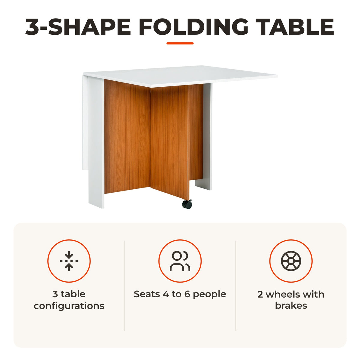 Mesa de Sala de Jantar Dobrável com Rodas Mesa Multifuncional para Sala de Jantar com 3 Formas 120x80x73cm Branco e Madeira — Características | Features