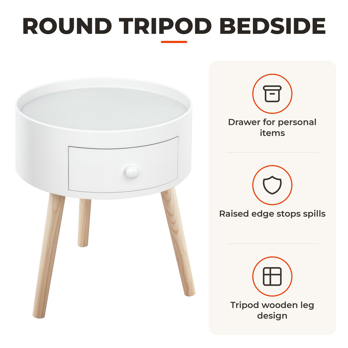 Mesa de Cabeceira com 1 Gaveta Mesa Auxiliar Redonda com Borda Elevada e 3 Pés de Madeira para Dormitório Sala de Estar Estilo Moderno Ø38x45 cm Branco — Características | Features