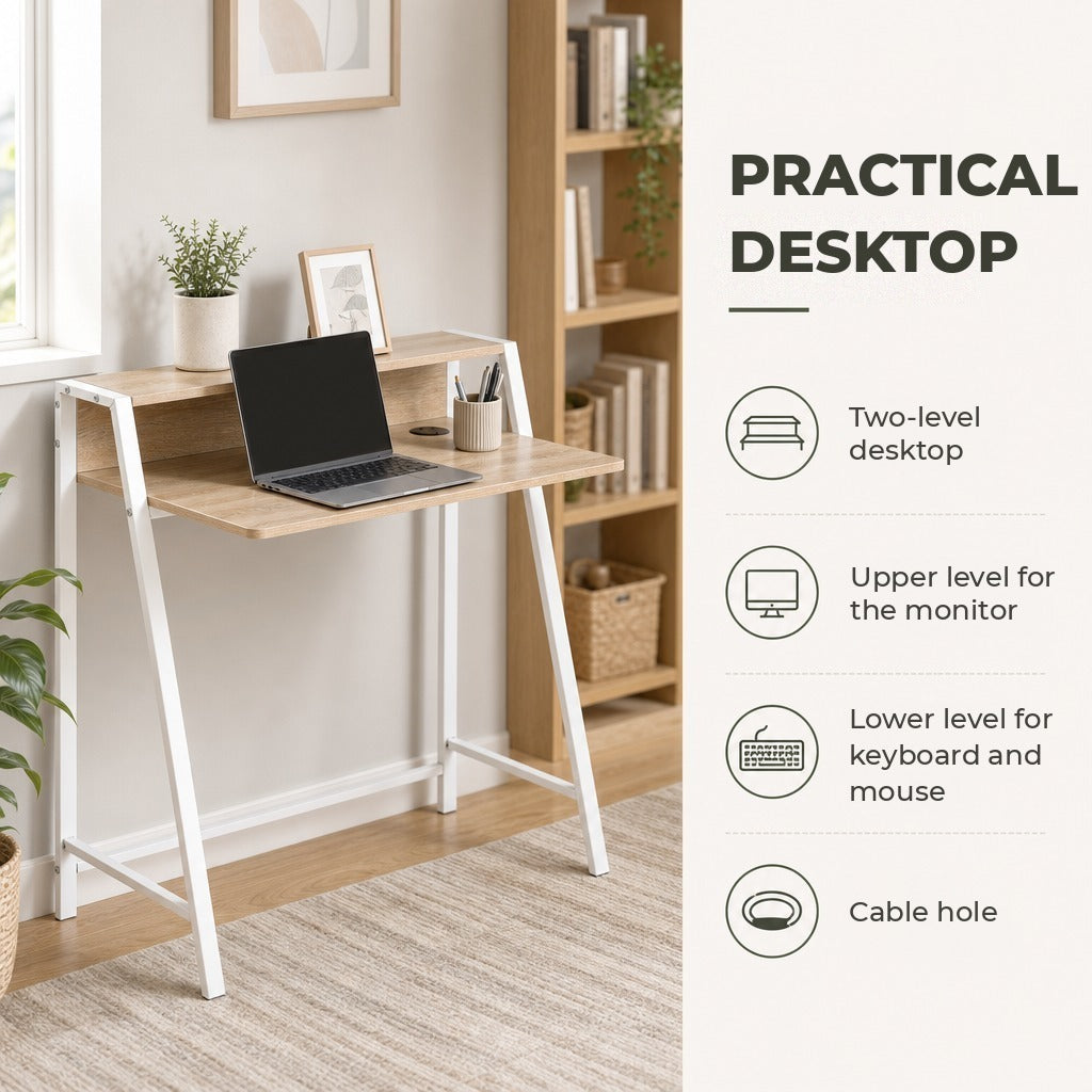 Mesa de Computador 84x45x85cm com Bancada de Madeira e Pés de Metal Carvalho e Branco — Características | Features