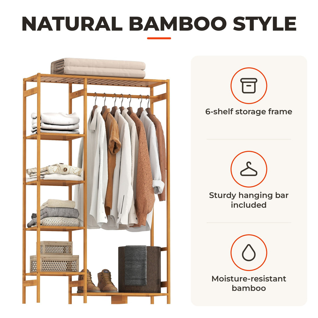 Suporte para Cabides de Bambu Cabideiro para Roupa com Prateleira de Armazenamento de 6 Níveis e Barra de Suspensão para Sala de Estar Dormitório Entrada 90x30x145 cm Madeira — Características | Features