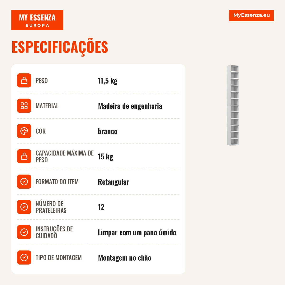 Armazenamento para CD e DVD com 12 Compartimentos Capacidade Máx. 204 CD 21x20x175 cm Branco — infografia 3