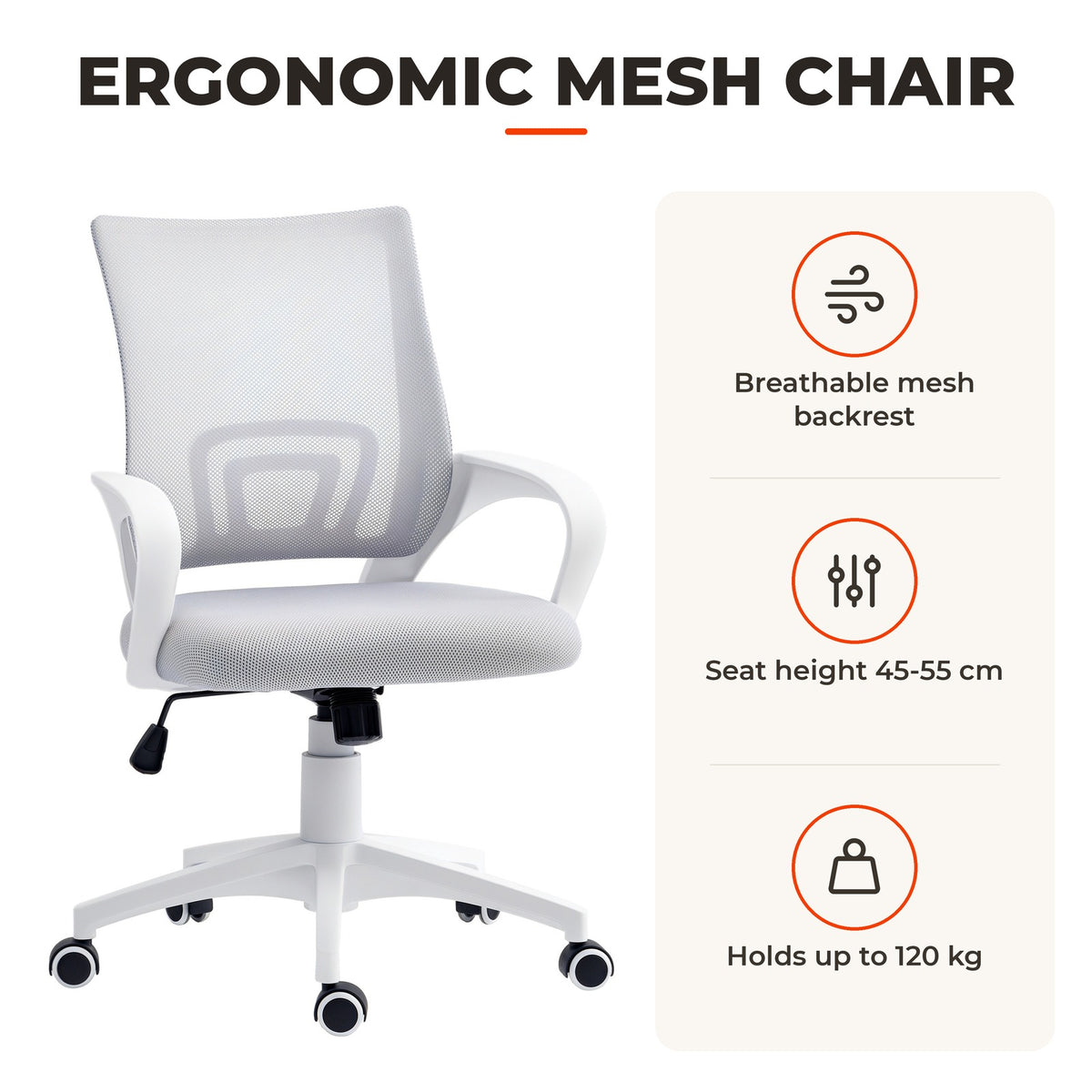 Cadeira de Escritório de Malha Cadeira de Escritório Giratória com Altura Ajustável Função Basculante e Apoio para os Braços Cadeira de Estúdio Carga 120 kg 57x55x89-109 cm Cinza — Características | Features
