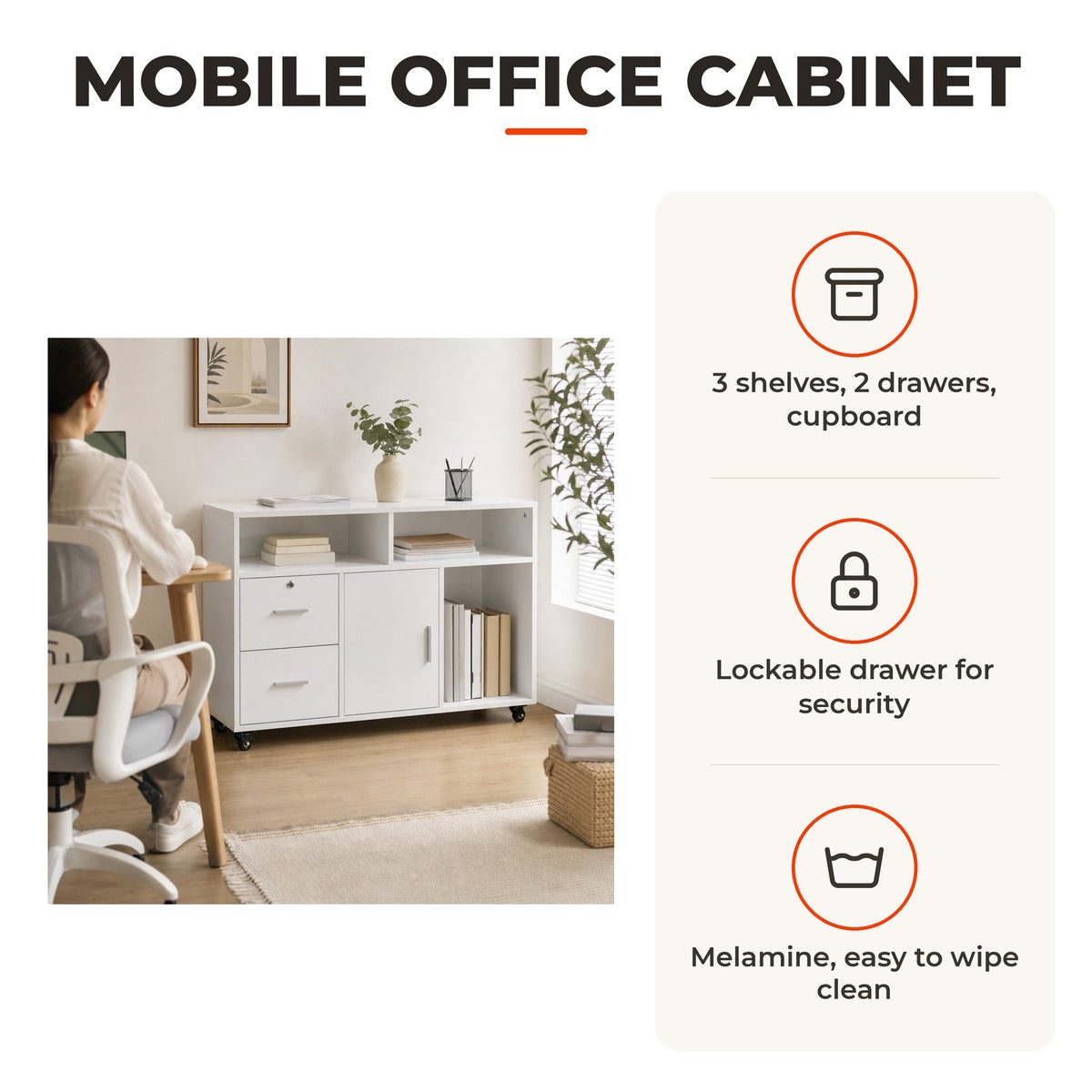 Móvel Auxiliar de Escritório Móvel Arquivador com Rodas Prateleiras Gaveta e Armário Multiuso com Grande Armazenamento 100x35x65cm Branco — Características | Features