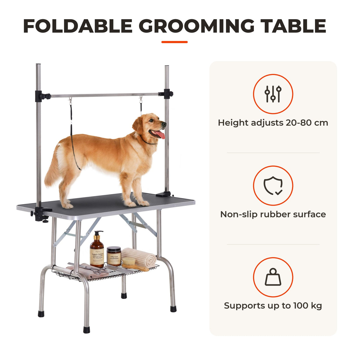 Mesa de Tosquia para Animais de Estimação Mesa de Tosquia para Cães Dobrável com Prateleira de Armazenamento Estrutura de Aço e Altura Ajustável 20-80 cm 107x60x170 cm Preto — Características | Features