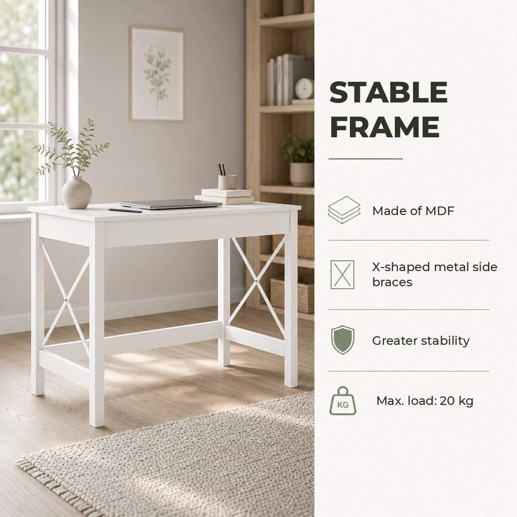 Secretária Moderna Mesa de Estudo com Estrutura de Aço Mesa de Computador 105x50x76 cm Branco — Características | Features