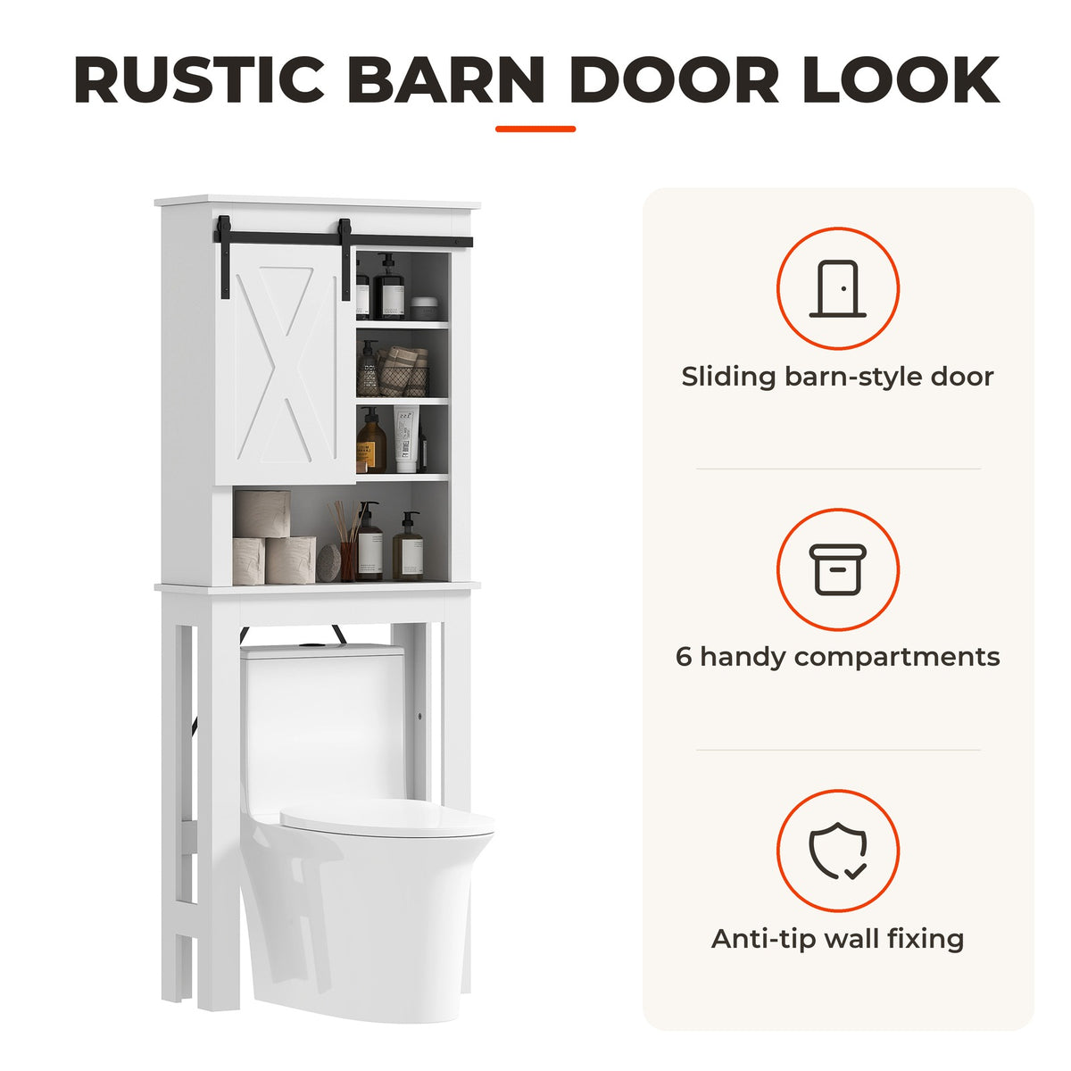 Móvel sobre Sanita Armário sobre Sanita com Porta de Correr Estilo Celeiro e 6 Compartimentos Móvel Casa de Banho Rústico 67x25x172 cm Branco — Características | Features