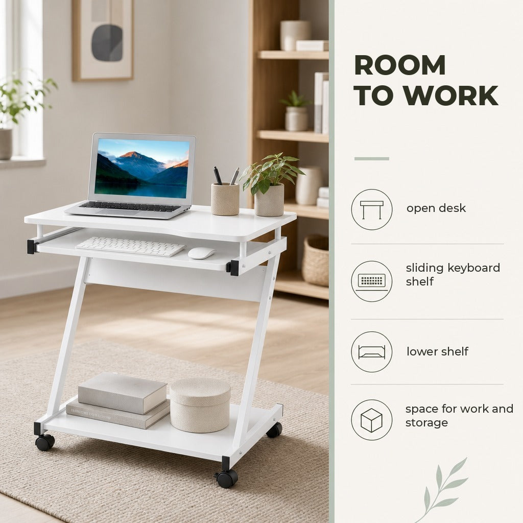 Secretária de Computador com Rodas, 60x48 cm, Escrivaninha Moderna com Prateleira Deslizante para Teclado e Prateleira Inferior, Estrutura Metálica em Forma de Z, para Escritório, — Características | Features
