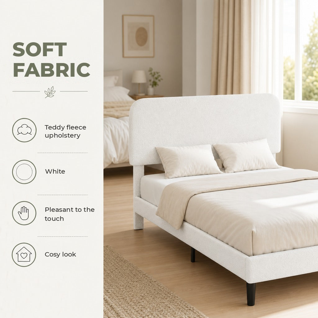 Cama de Casal Estofada em Tecido tipo Borreguito, 135x190 cm, Cama com Cabeceira Ajustável em Altura, Ripas de Madeira, Branco — Características | Features