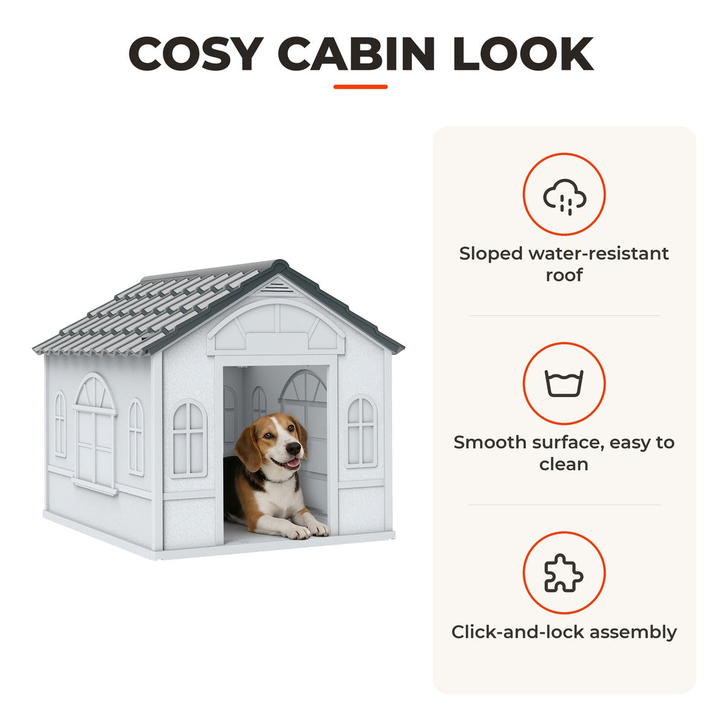 Casa para Cães 65x75,7x63 cm Casa para Cães com Janelas e Teto com Telhas de Imitação para Cães Médios Cinza e Branco — Características | Features