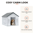 Casa para Cães 65x75,7x63 cm Casa para Cães com Janelas e Teto com Telhas de Imitação para Cães Médios Cinza e Branco — Características | Features