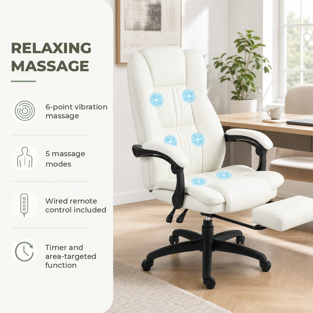 Cadeira de Escritório Giratória Cadeira de Escritório com Altura Ajustável 6 Pontos de Massagem Controle Remoto e Apoio para os Pés Retrátil 68,5x68,5x113-121cm Creme — Características | Features