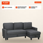 Sofá de canto com função cama e baú L-Form Sofá-cama com chaise-longue reversível, para apartamento e sala de estar — infografia 3