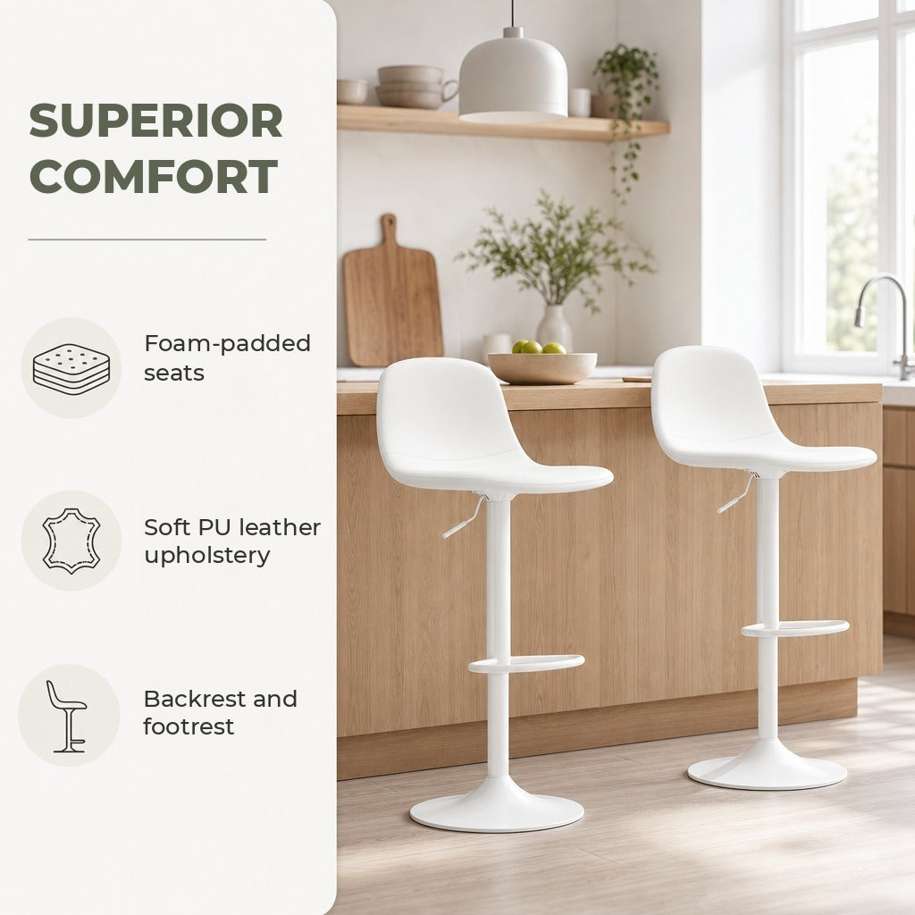 Conjunto de 2 Bancos de Bar Bancos Altos de Cozinha Reguláveis em Altura 84-104 cm com Encosto e Apoio para os Pés Estofadas em PU Giratórias em 360° para Sala de Jantar Varanda — Características | Features