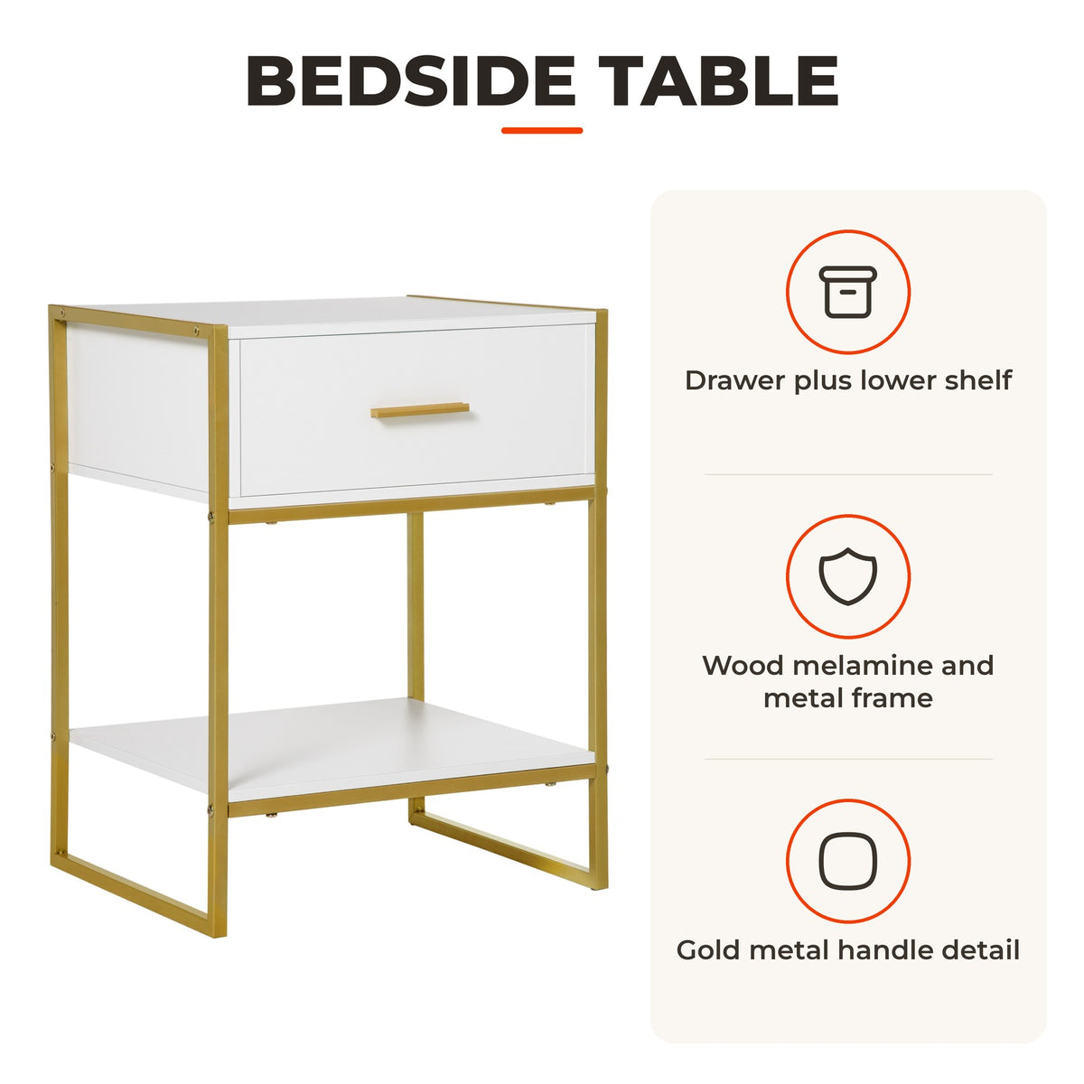 Mesa de Cabeceira Mesa Auxiliar com 1 Gaveta e Prateleira de Armazenamento para Dormitórios Sala de Estar Escritório Estilo Moderno 45x40x60cm Branco — Características | Features