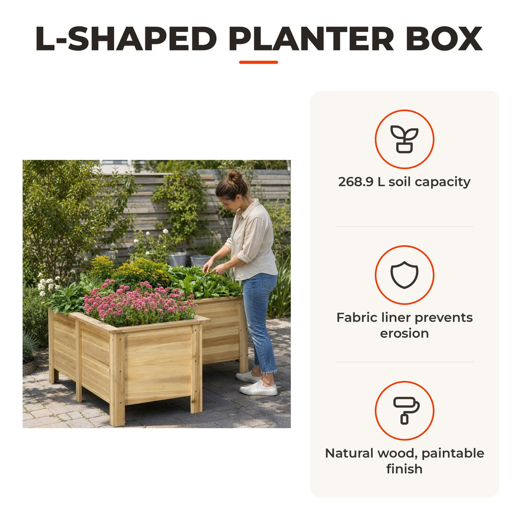 Floreira Elevada de Madeira Floreira Exterior em Forma de L com Forro Não Tecido Horta Urbana para Cultivo de Plantas e Flores Jardim ou Terraço, 120x120x50 cm Madeira — Características | Features