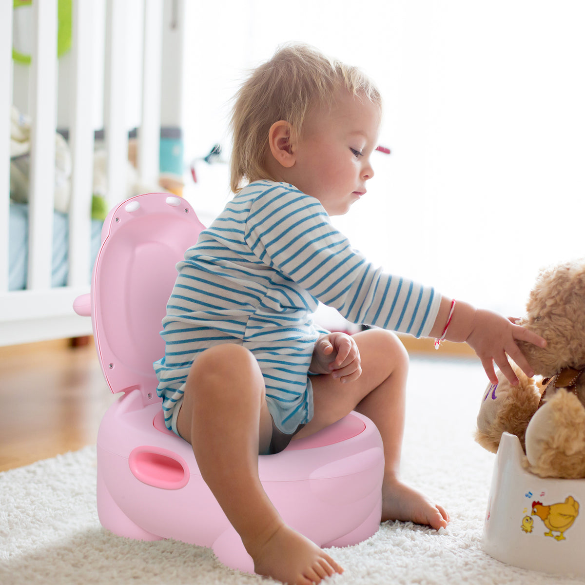 Bacio para Bebé em Forma de Hipopótamo 2 em 1 com Cubo Amovível e Escova de Limpeza Bacio de Aprendizagem Treinamento Portátil Carga 25 kg 40x30x23 cm Rosa — foto 2