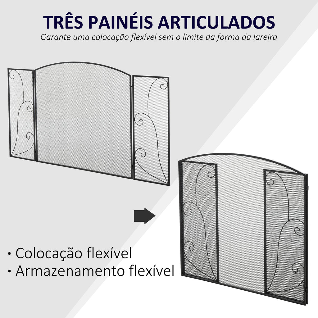 Frente para Lareira de 3 Painéis Frente para Lareira Dobrável com Dobradiças Estrutura Metálica Malha Decorativa 132,5x76,5cm Preto — foto 5