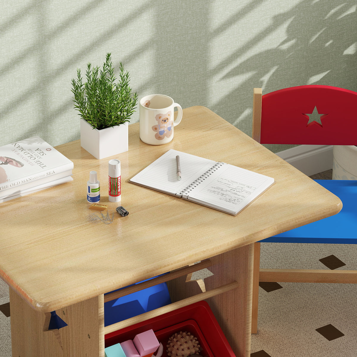 Mesa e Cadeiras para Crianças de 3 Peças Mesa Infantil com 2 Cadeiras e 4 Cestos de Arrumação Conjunto de Móveis para Crianças acima de 3 Anos para Sala de Jogos Madeira — foto 8