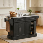 Ilha de Cozinha com Rodas Carrinho de Cozinha com Bancada de Aço Inoxidável 2 Gavetas 4 Portas 2 Prateleiras Ajustáveis Suporte para Especiarias e Toalheiro 145x45x93 cm Preto — foto 2