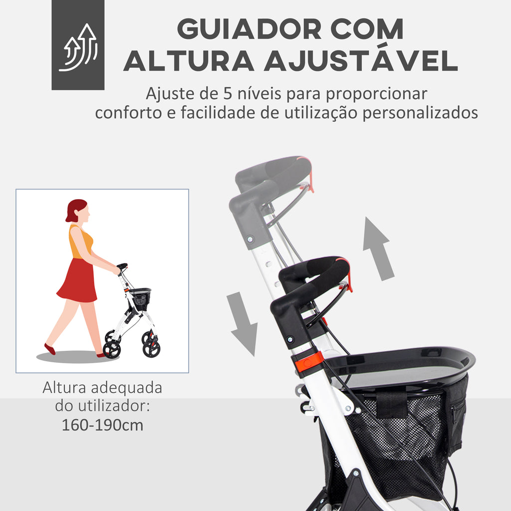 Andarilho para Idosos Dobrável de Alumínio Andador para Pessoas Maiores com 4 Rodas e Bandeja Andarilho com Altura Ajustável Travão e Bolsa de Transporte 64,5x54x90-102 cm Preto e Branco — foto 5