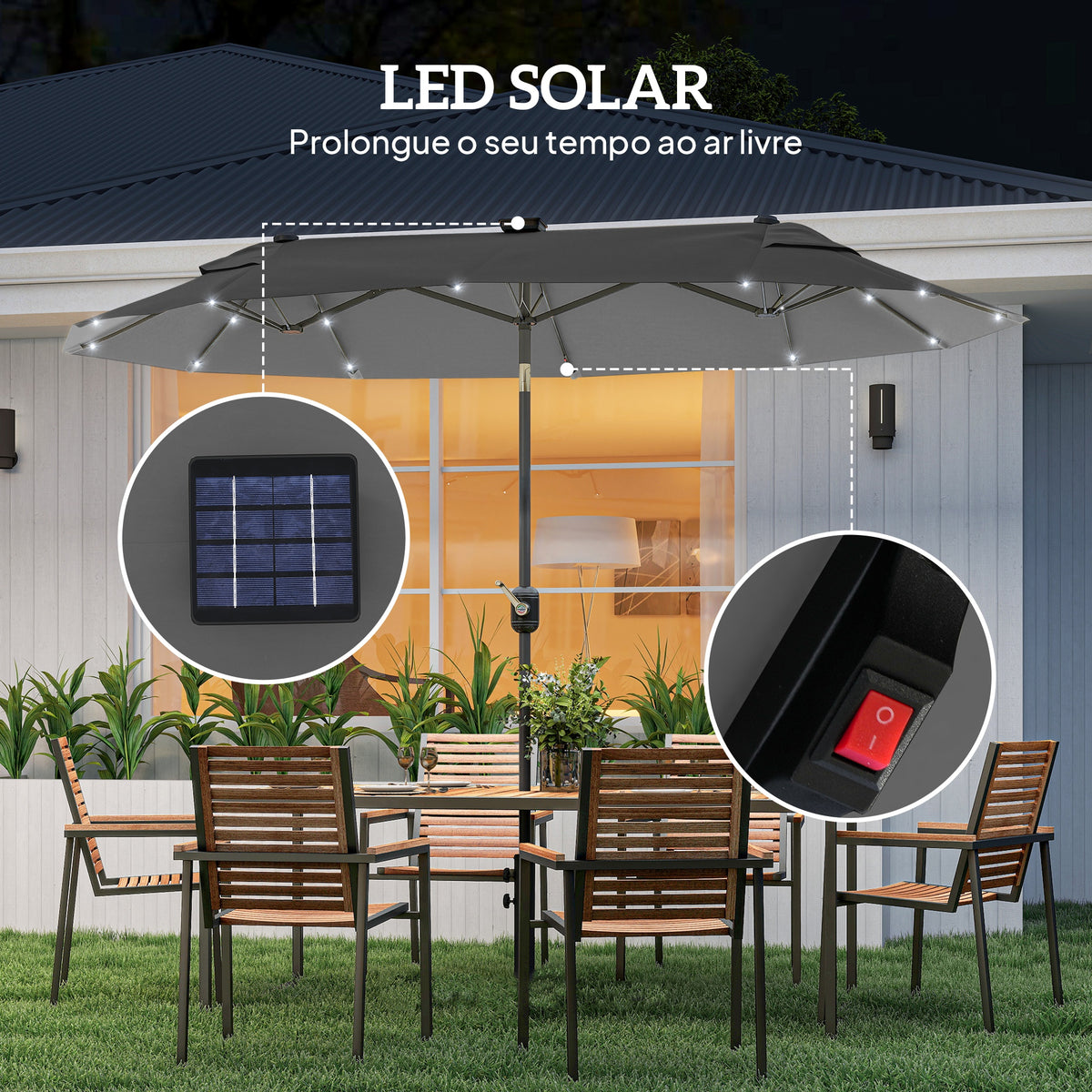 Chapéu de Sol Duplo 295x150x219 cm Chapéu de Sol de Jardim com Luzes LED Solares Teto com Inclinação Ajustável e Manivela Manual para Pátio Piscina Praia Cinza — foto 4