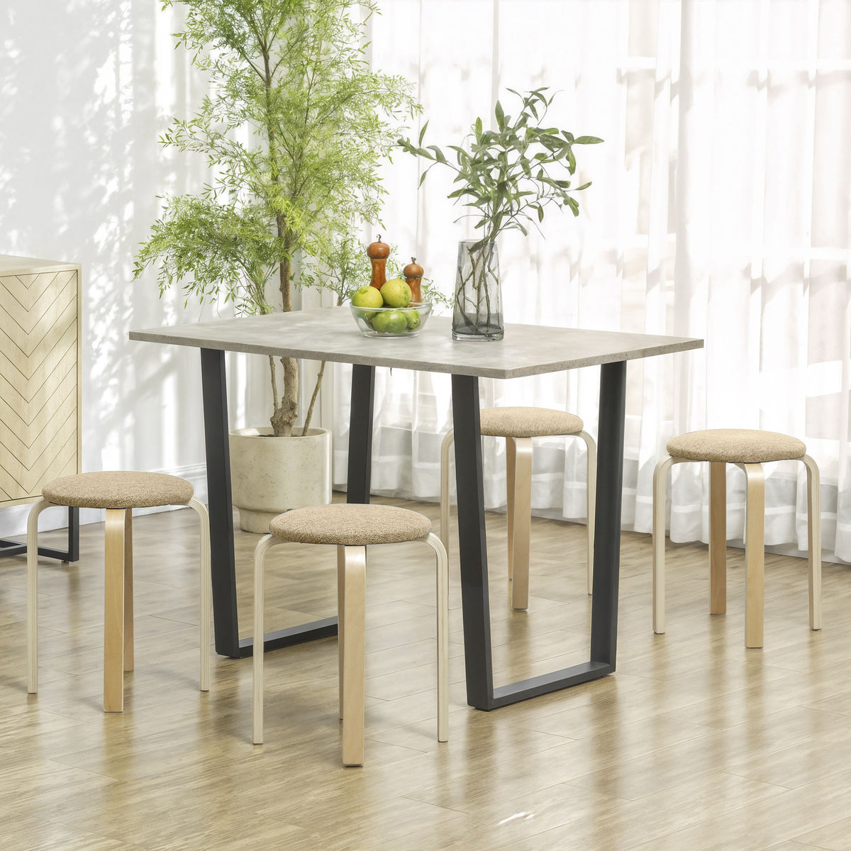 Conjunto de 4 Bancos Empilháveis Redondos Bancos Baixos de Cozinha com Assento Acolchoado para Sala de Jantar Quarto Escritório Sala Caqui e Madeira — foto 2