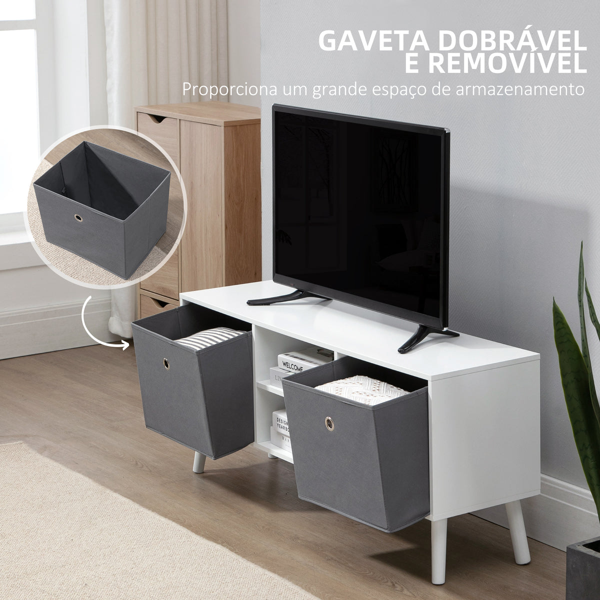 Móvel de TV para Televisores de até 50 Polegadas Móvel de Sala de Estar Moderno com 2 Gavetas de Tecido 2 Prateleiras Abertas e Orifício Passa Cabos 110x29x46,5cm Branco e Cinza — foto 5