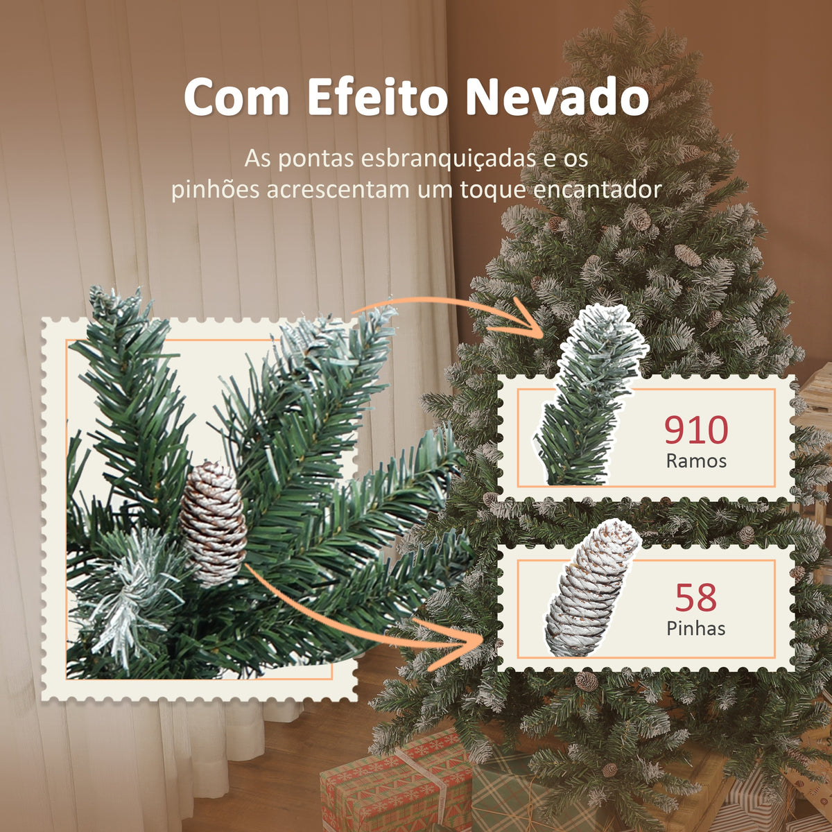 Árvore de Natal Artificial 180 cm Árvore de Natal com 910 Ramos com Efeito Neve 58 Pinhas e Suporte Metálico Dobrável Montagem Fácil para Sala Interior Verde — foto 5