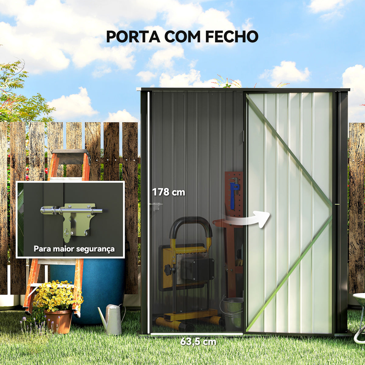 Abrigo de Jardim 1,34m² 161,5x94,5x196 cm Abrigo de Exterior de Aço Galvanizado com Porta e Fechadura para Armazenamento de Ferramentas Preto — foto 5