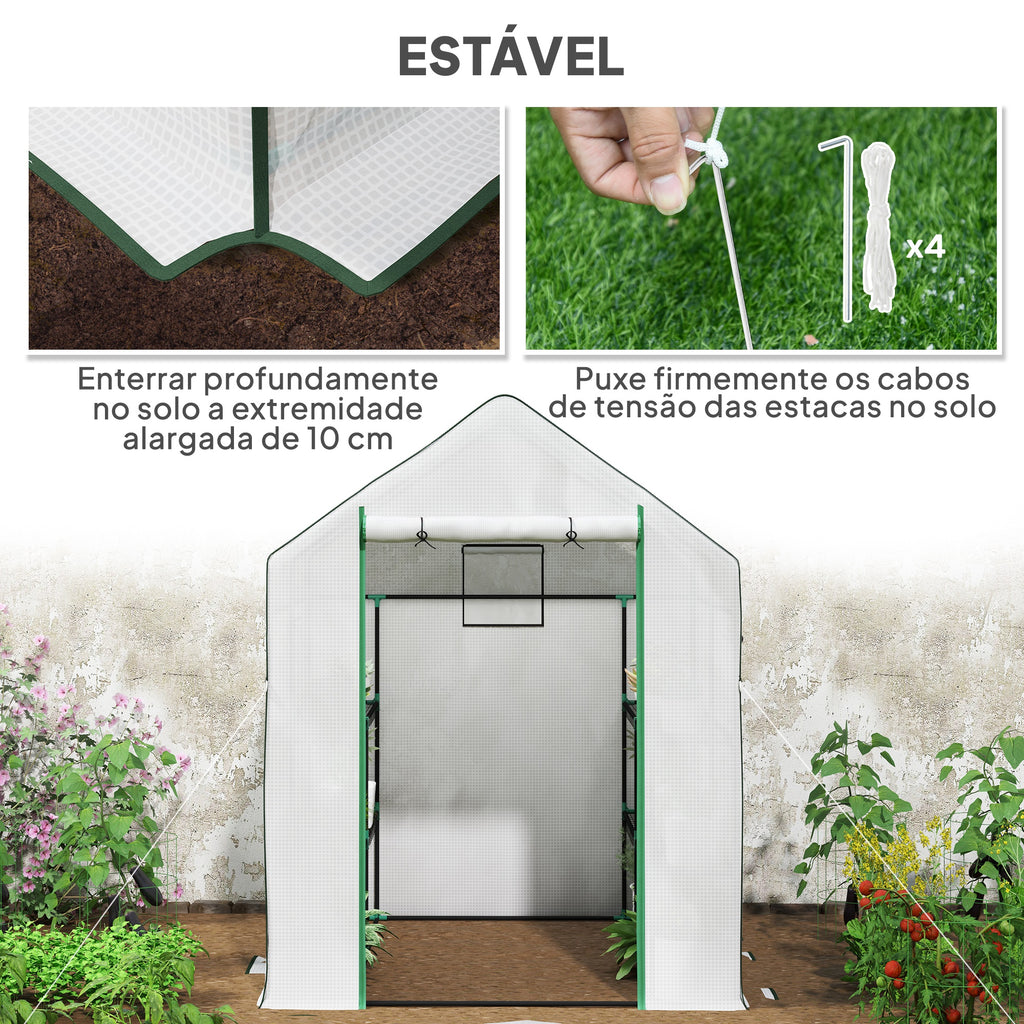 Estufa de Jardim Pequena de 3 Níveis com 6 Prateleiras Porta Enrolável Capa de PE e Estrutura de Aço para Cultivo de Plantas e Flores 140x143x190 cm Branco — foto 7