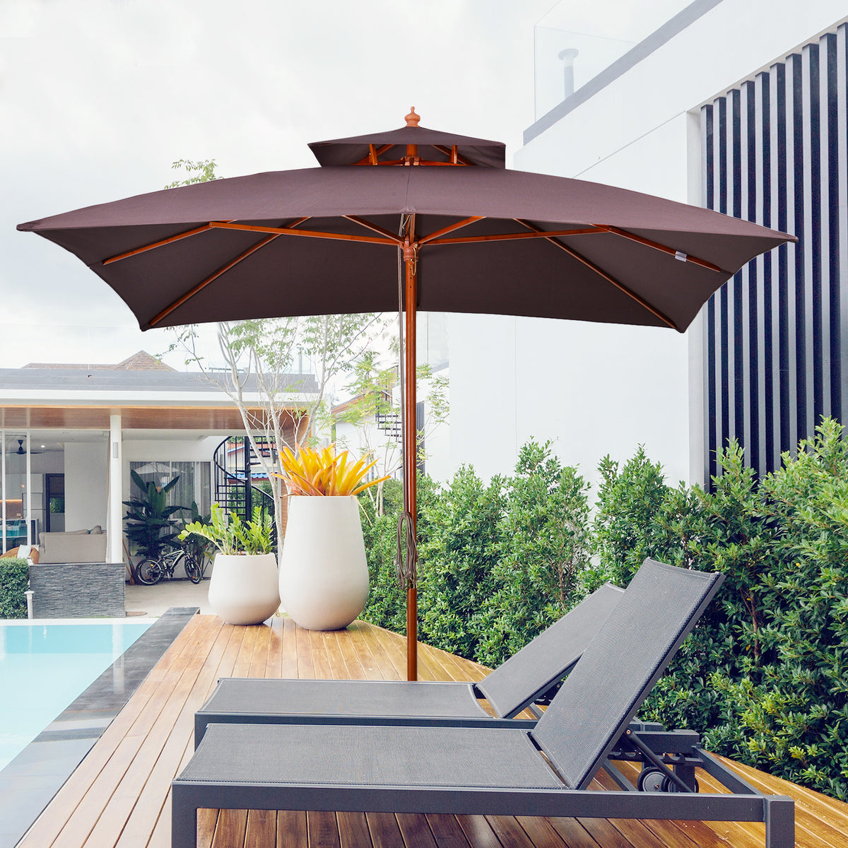 Chapéu de Sol de Jardim com Teto Duplo Sistema de Polia Toldo de Poliéster Impermeável 3x3x2,97m Marrom — foto 2