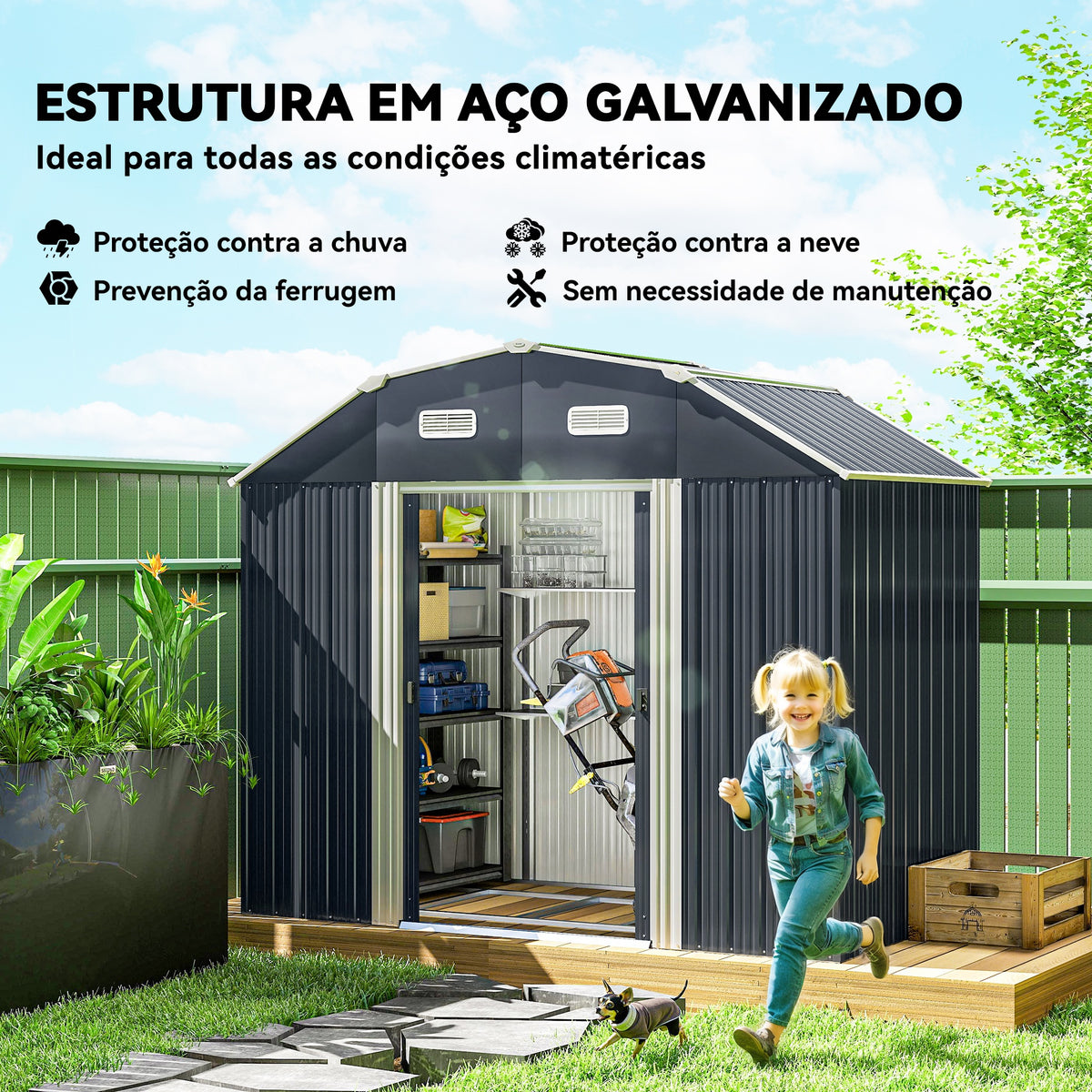 Abrigo de Jardim 2,7 m² 238x132x198,5 cm Abrigo de Exterior Metálico com Base Prateleiras Ajustáveis 2 Portas de Correr e 2 Janelas de Ventilação Cinza Escuro — foto 4