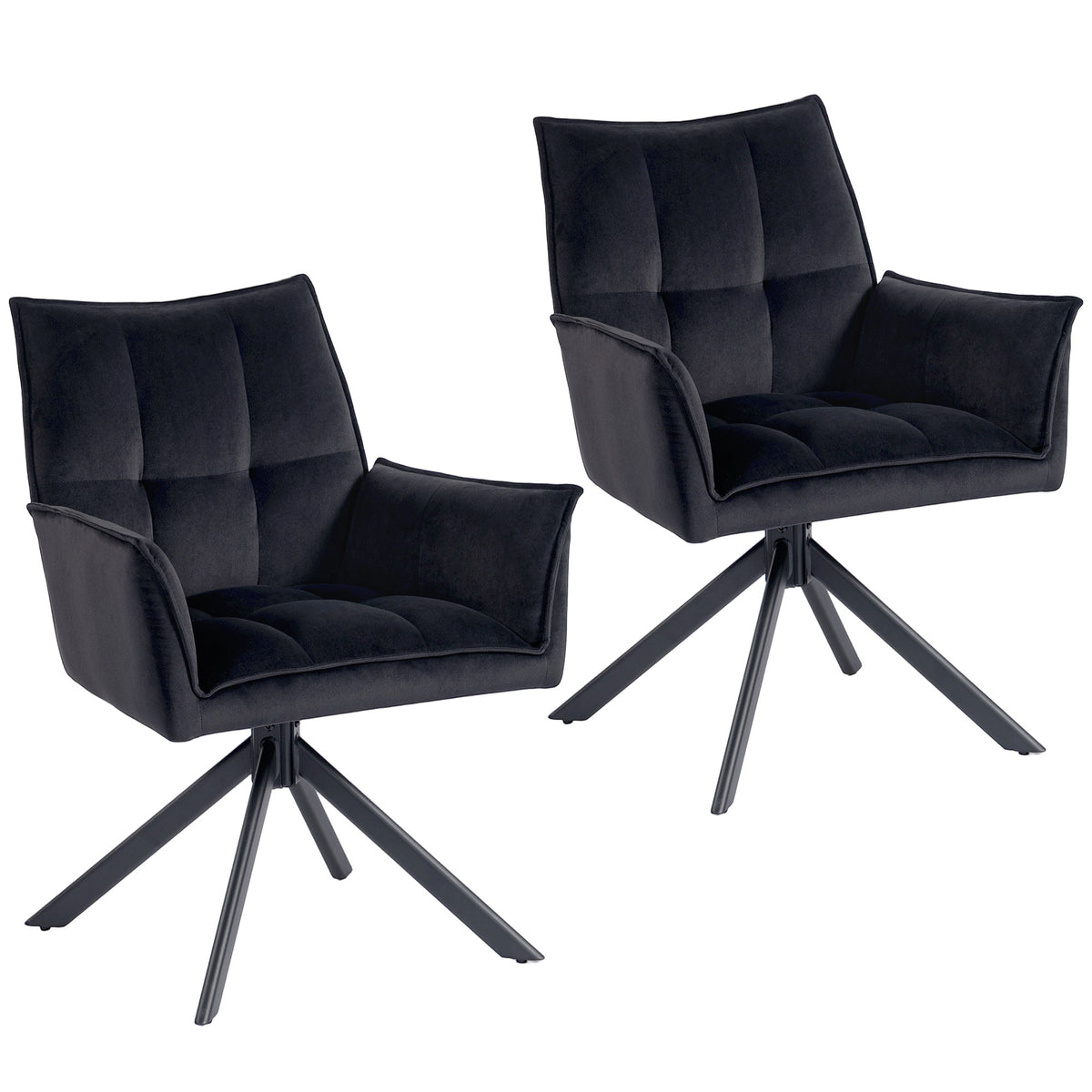 Conjunto de 2 Cadeiras de Refeição Giratórias 360° Cadeiras de Cozinha com Apoio de Braços Encosto Estofado Estofamento em Veludo Pés em Aço para Escritório Conferência Sala de Estar 63x64x85 cm Preto — foto 1