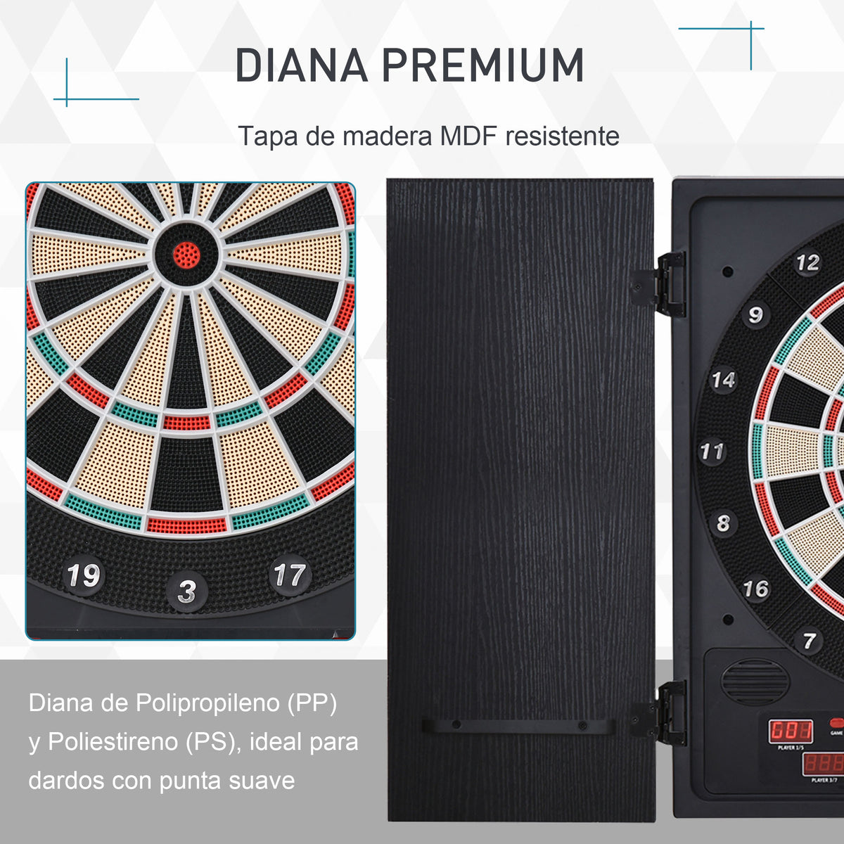 Alvo eletrônico digital para até 8 jogadores com 12 dardos e 30 pontas com portas de tela de LED 27 jogos diferentes 51x6,5x57 cm Preto — foto 4