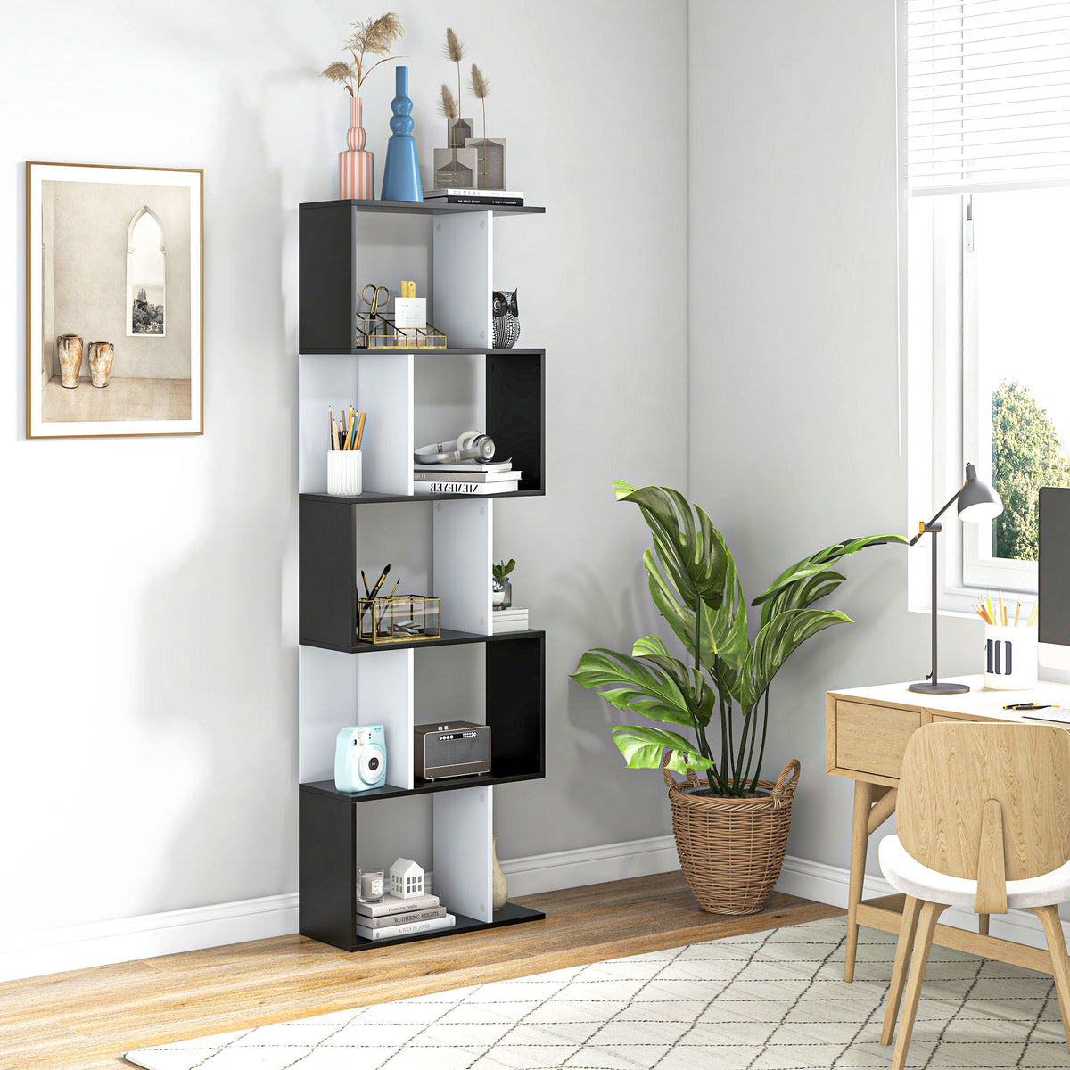 Estante de 5 Níveis, Biblioteca, Estante para Livros em Forma de S, para Sala, Quarto, Escritório, 24x60x184,5 cm, Branco e Preto — foto 2