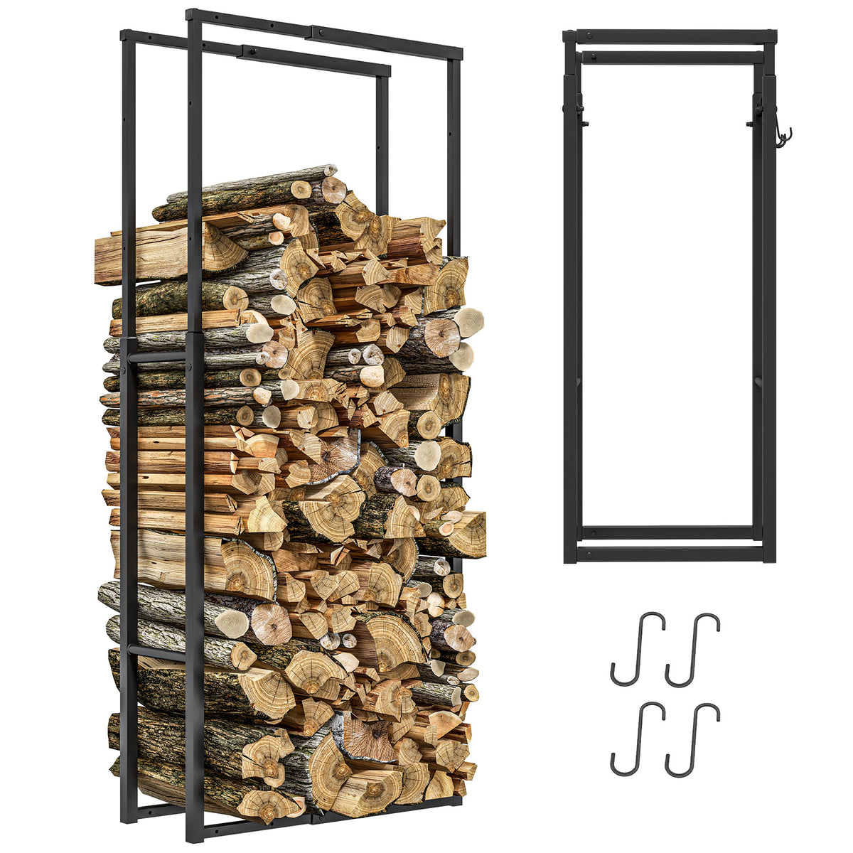 Suporte para Lenha Extensível Suporte para Lenha Metálico com 4 Ganchos Carga Máxima 100 kg para Interior e Exterior 40-65x25x100-150 cm Preto — foto 1
