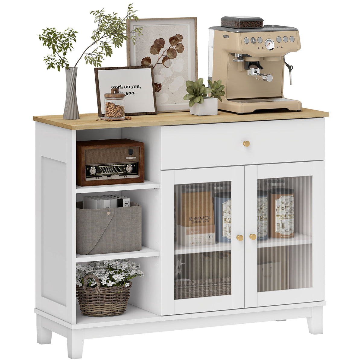 Aparador 2 Portas de Vidro Aparador para Sala Moderno com Gaveta Compartimentos Abertos e Prateleiras Ajustáveis para Sala de Jantar Entrada 100x35x80,3 cm Branco — foto 1