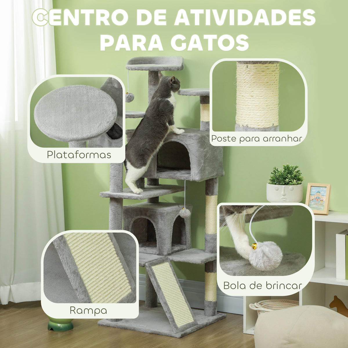 Arranhador para Gatos Altura 138 cm Arranhador para Gatos Torre de Escalada com Postes Arranhadores de Sisal Plataformas Cavernas Bolas Pendentes e Redes Cinza Claro — foto 4