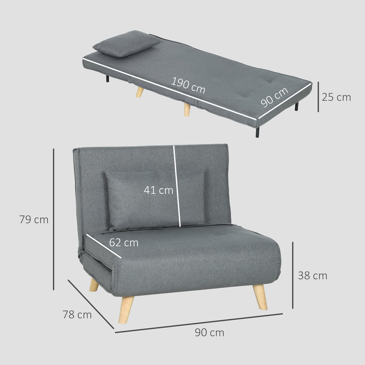Poltrona 2 em 1 Sofá Cama Individual Dobrável com Encosto Ajustável e Almofada para Sala de Estar Dormitório Escritório Carga 125 kg 90x78x79 cm Cinza — foto 3