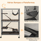 Gaiola para Roedores 80x52x128 cm Casa de 4 Alturas com Rampas Suspensa Rede Bandeja Removível Rodas Portas Cinza Prateado — foto 6