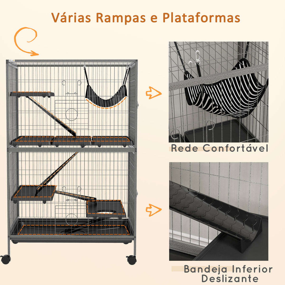 Gaiola para Roedores 80x52x128 cm Casa de 4 Alturas com Rampas Suspensa Rede Bandeja Removível Rodas Portas Cinza Prateado — foto 6